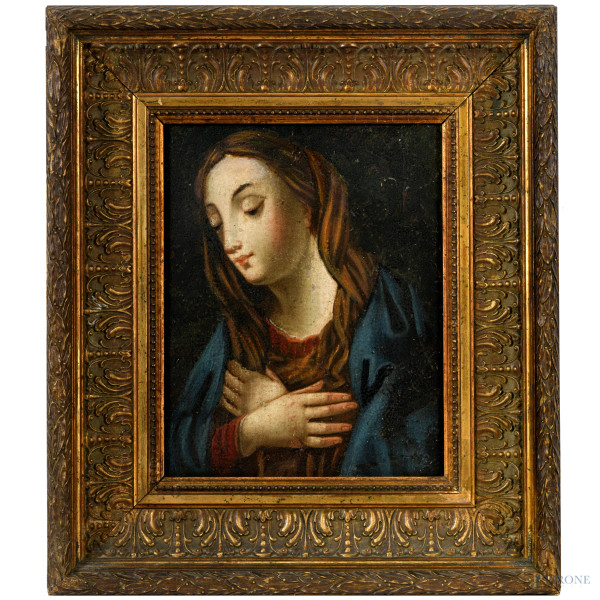 Madonna, XIX-XX secolo, olio su tela, cm 30,5x24 entro cornice, (difetti)