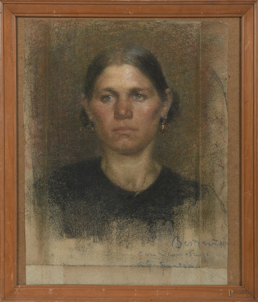 Pilade Bertieri (1874-1965), Ritratto di giovane donna, pastello su carta, cm 60x45,5, firmato, dedicato e datato 901 in basso a destra, (segni di piegatura, refilatura del foglio, piccola lacuna)