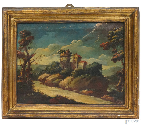 Paesaggio con torre, olio su tela, cm 19.5x25.5, XVIII secolo, in cornice