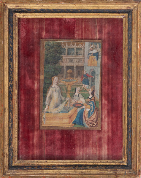 Bagno di Betsabea, XVIII secolo, tecnica mista su carta, cm 12x8, entro cornice, (lievi segni di usura)