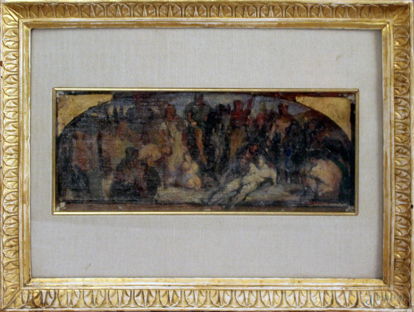 Bozzetto raffigurante scena con figure, olio su tela applicata su cartone, XIX sec., cm 15 x 36, entro cornice.