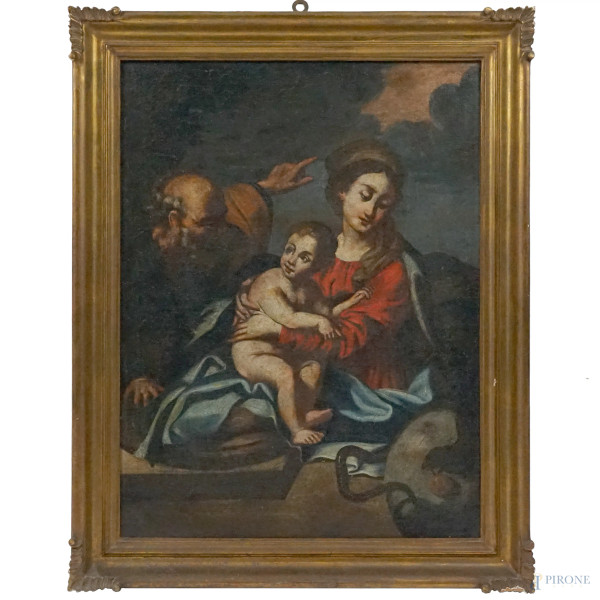 Scuola del XVIII secolo, Sacra Famiglia con il serpente, olio su tela, cm 70,5x52,5, entro cornice, (cadute di colore)