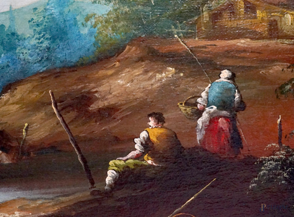 Pittore veneziano del XIX-XX secolo, quattro paesaggi con figure, olio su tela, cm 79,5x94, entro...