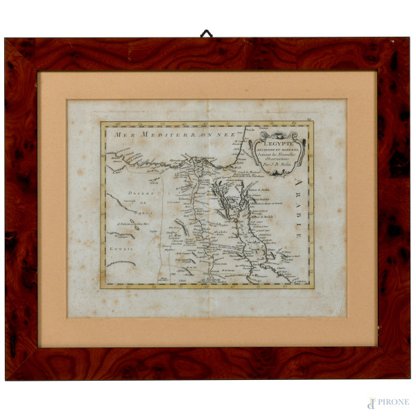 Egitto, incisione cartografica, XX secolo, cm 33x41 compreso passepartout, (umidità, foxing, gore, piegature)