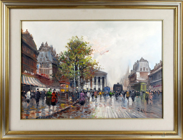 Veduta di Parigi, olio su tela, cm 50x70, firmato G. De Simone, entro cornice
