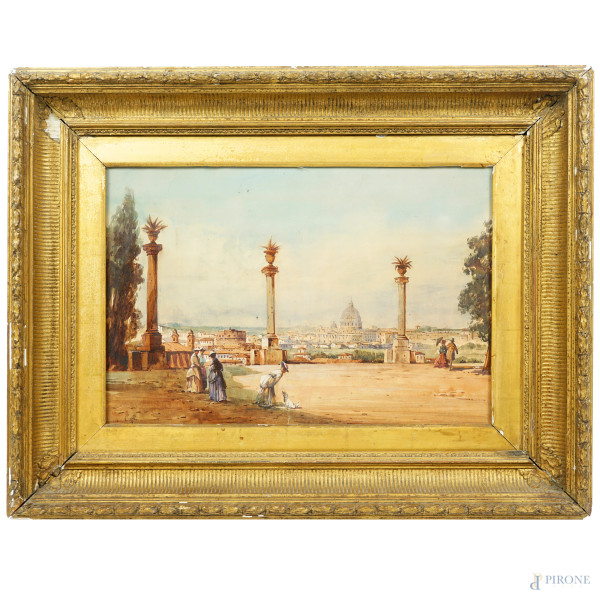 Veduta di Roma dalla terrazza del Pincio, XIX secolo, acquerello su carta, cm 30x45, entro cornice