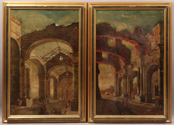 Coppia di paesaggi raffiguranti architetture con figure, olio su tela 70x45 cm, fine XIX sec, entro cornici.