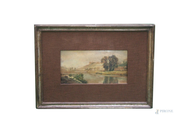 Artista Nord Europeo, paesaggio fluviale, olio su cartone, 20x40 cm, entro cornice firmato