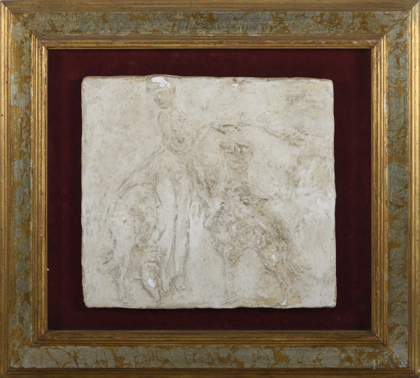 Donna con levrieri, rilievo in gesso, XX secolo, cm 30,5x34, firmato  e datato in numeri romani in alto a destra