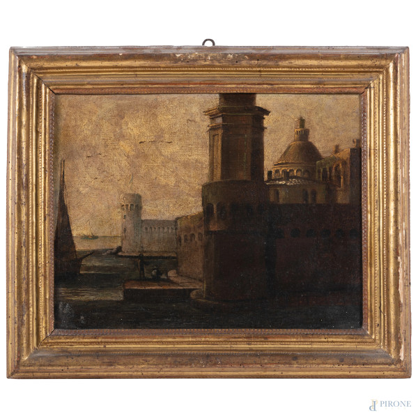 Lotto composto da quattro dipinti raffiguranti città fortificate, XVII secolo, olio su tela, misu...