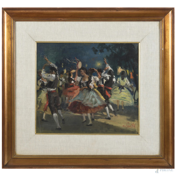 Antonio Privitera (1910-1989), Danza popolare, XX secolo, olio su masonite, cm 44,5x50, firmato in basso a destra, entro cornice