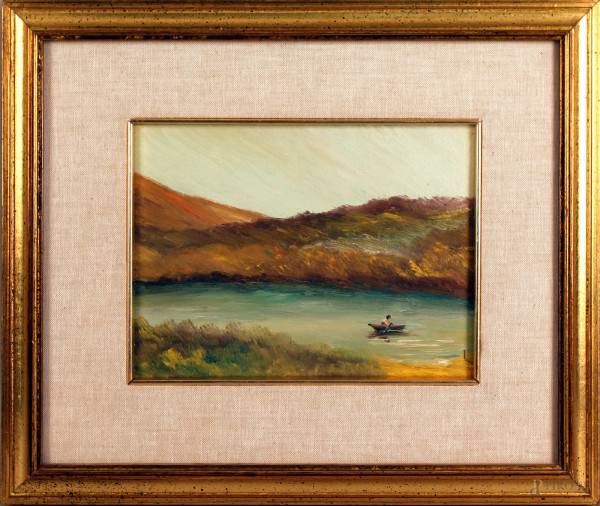 Paesaggio fluviale con barca, olio su tela, cm. 18x24, entro cornice.