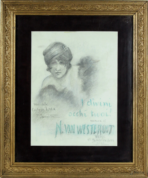 I divini occhi tuoi musica di Van Westerout, tecnica mista su carta, cm. 34,5x26, firmato, entro cornice.