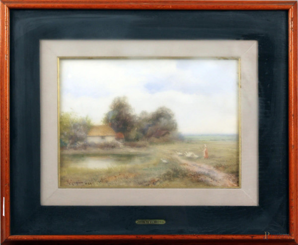 Paesaggio con casolare e contadina, acquarello su carta, 25x35 cm, firmato R.Miryller.