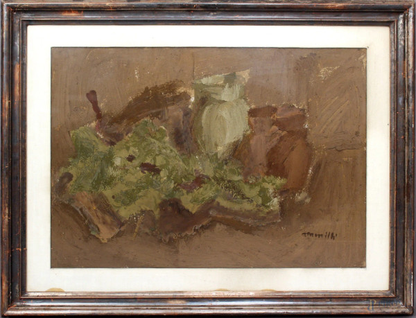 Franco Marzilli - Natura morta, ortaggi, olio su tela, cm. 50x70, entro cornice.