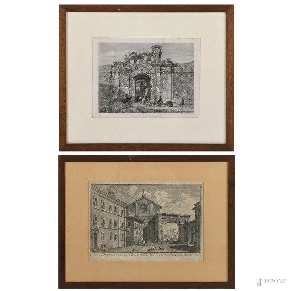 Lotto di due stampe raffiguranti Porta San Pancrazio e Monastero dei monaci Cistercensi di Roma, XIX-XX secolo, misure massime cm 36x48,5 compreso passepartout (usura del tempo)