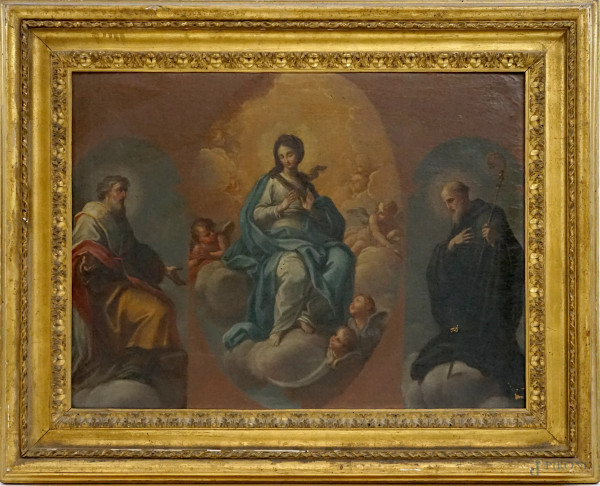 Pittore del XVIII secolo, Bozzetto raffigurante Vergine e Santi, olio su tela, cm 48x65, entro cornice, (difetti sulla tela, cadute di colore).