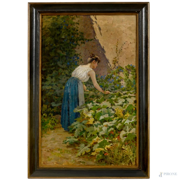 Antonio Rocchetti Torres (1851-1934), Tra i fiori, XIX-XX secolo, olio su tela, cm 60x38, firmato in basso a sinistra, entro cornice, (segni di battitura del telaio)