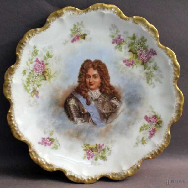 Piatto in porcellana Limoges raffigurante Philippe d&#39;Orleans, diametro 24 cm.