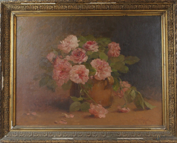Vaso con fiori, olio su tela, cm 48,5x65,firmato e datato, entro cornice