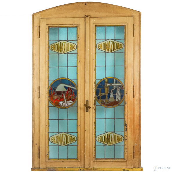 Porta a vetri piombati Enonazional, XX secolo, in legno dipinto, cm h 215x138x5,  (dfetti)