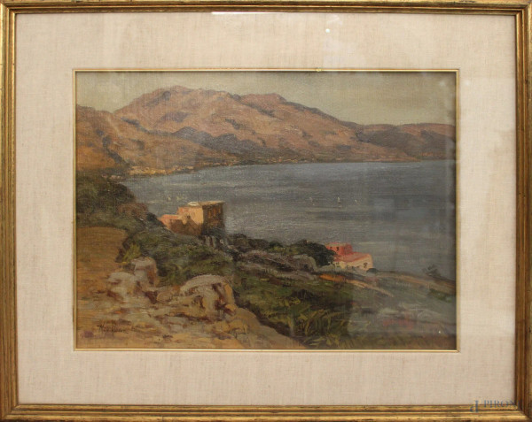 Paesaggio costiero, olio su tela firmato Max Roeder, cm 40 x 52, entro cornice.