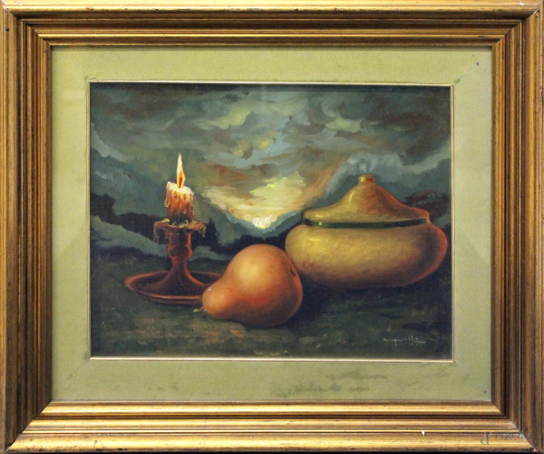 Frutta e vasellame, dipinto ad olio su tela firmato, cm 50 x 40, entro cornice.