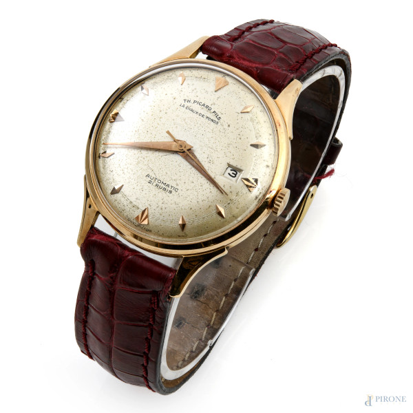 Orologio da polso automatico TH Picard Fils con cassa in oro 750/000 e cinturino in pelle bordeaux, lunghezza cm 22,5x misura cassa cm 3,5, (segni di usura, difetti, graffi, da revisionare)