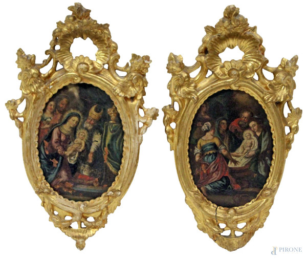 Coppia di nativit&#224; ad assetto ovale ad olio su tela, 16,5 x 12 cm, entro cornice intagliata e dorata, inizi XVIII sec.