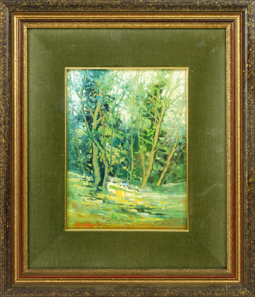 Scorcio di bosco, olio su lastra in metallo dorato, cm 21,5x16, firmato Veneziani, entro cornice