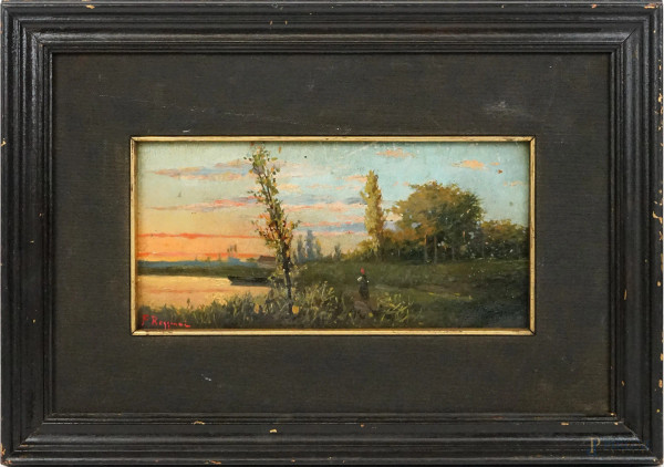 Paesaggio al tramonto, olio su cartone, cm 13,5x19,5, firmato F. Reggiani, entro cornice