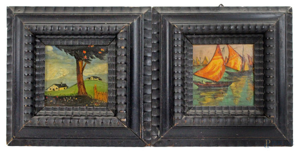 Lotto di due dipinti raffiguranti marina con imbarcazioni e paesaggio con albero e case, olio su compensato, cm 10x10, XX secolo, entro cornici