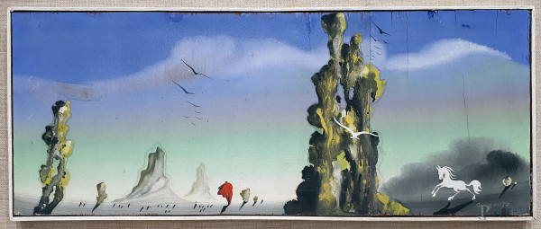 Krayer (XX sec.) Paesaggio metafisico con cavallo, tecnica mista su tavola, cm 15x40, firmato in basso a destra, con cornice