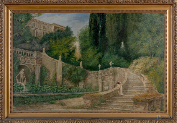 Dama nel giardino, XX secolo, olio su tela, cm 72,5x111, entro cornice, (piccola lacerazione della tela)