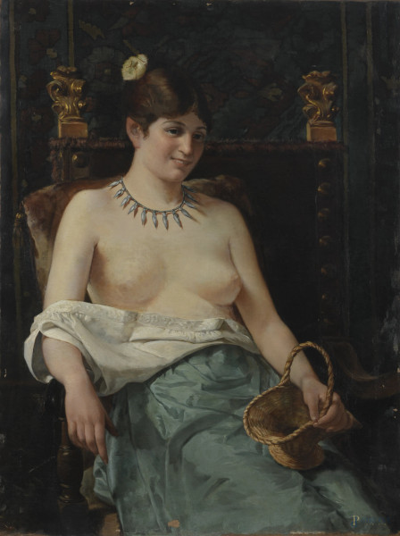 Donna con cesta, inizio XX secolo, olio su tela, cm 100x75, (lievi abrasioni e piccole cadute di colore nelle aree marginali).