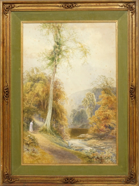 Frank Gresley - Paesaggio fluviale con figura, acquarello su cartoncino, cm 75,5x51, entro cornice