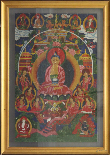 Antico tanka tibetano dipinto su tela, 75 x 50 cm entro cornice