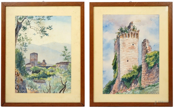 Coppia di paesaggi, acquarello su carta, cm 38x27, firmati De Martens, entro cornici.