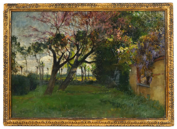 Paesaggio con alberi e casolare, olio su compensato, cm 33x48, firmato L.Albarello, entro cornice