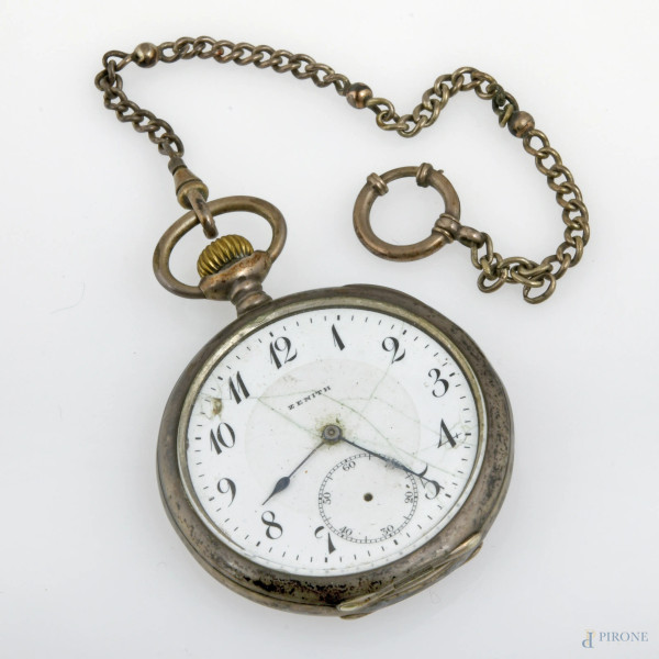 Orologio da taschino Zenith con cassa in argento, diametro cm 5, peso complessivo gr 86,8, (difetti, meccanismo da revisionare)