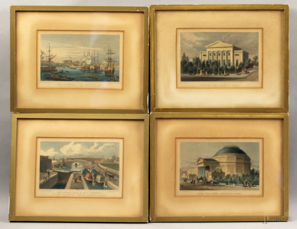 Lotto composto da quattro stampe colorate raffiguranti paesaggi inglesi, fine XIX sec, 10,5x16 cm, entro cornici.