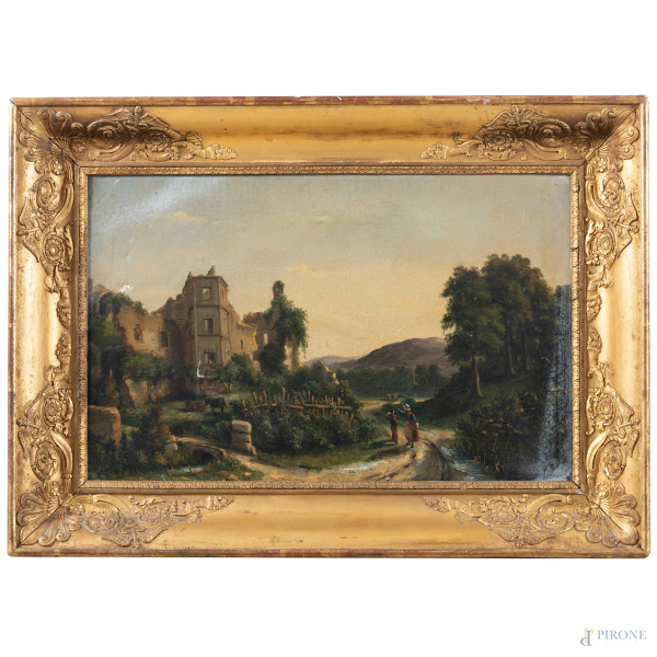 Paesaggio con figure, XIX secolo, olio su tela, cm 40x62, entro cornice, (segni di usura, abrasioni, lacerazioni, cadute di colore)