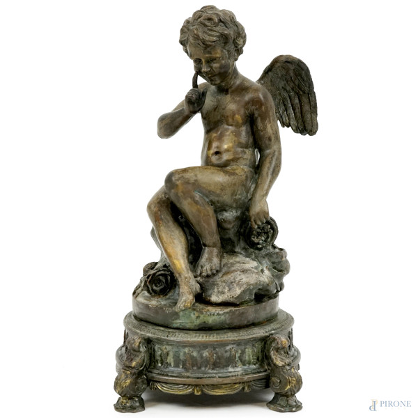 Cupido, scultura in bronzo, cm h 30, inizi XX secolo, (segni del tempo)