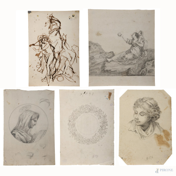 Lotto di  cinque disegni a inchiostro e grafite su carta, XIX - XX secolo, misure massime cm 39,5x27,  (segni di usura, tracce di umidità, gore, foxing, lacerazioni della carta, tracce di piegatura, rotture, mancanze)