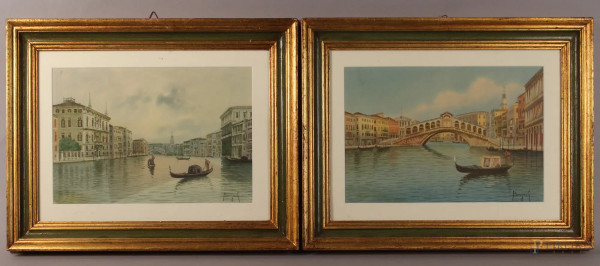 Venezia, coppia di acquarelli su carta, cm 22x33, firmati, entro cornici.