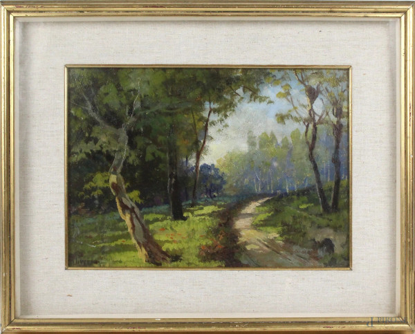 Luigi Liverani - Paesaggio con alberi, olio su faesite, cm. 26x36, entro cornice.