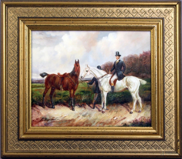 Paesaggio con cavalli e figure, olio su tavola, cm. 20x25, firmato entro cornice.