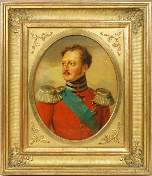 Pittore attivo nella prima metà del XIX secolo, Ritratto di generale russo, olio su tela, cm 32x27, in cornice.