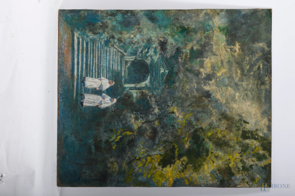 L'uscita dal convento, olio su cartone pressato, XX secolo, cm 65x54,5, 8difetti)