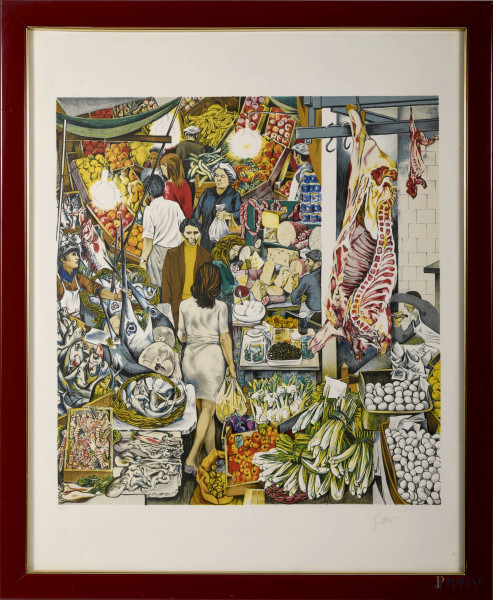 Renato Guttuso (Bagheria, 1911 – Roma, 1987), Mercato della Vucciria, litografia, prova d'autore, firmata a matita in basso a destra "Guttuso", cm 81,5x65,5, entro cornice